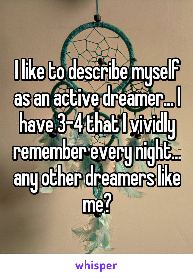 I like to describe myself as an active dreamer... I have 3-4 that I vividly remember every night... any other dreamers like me?