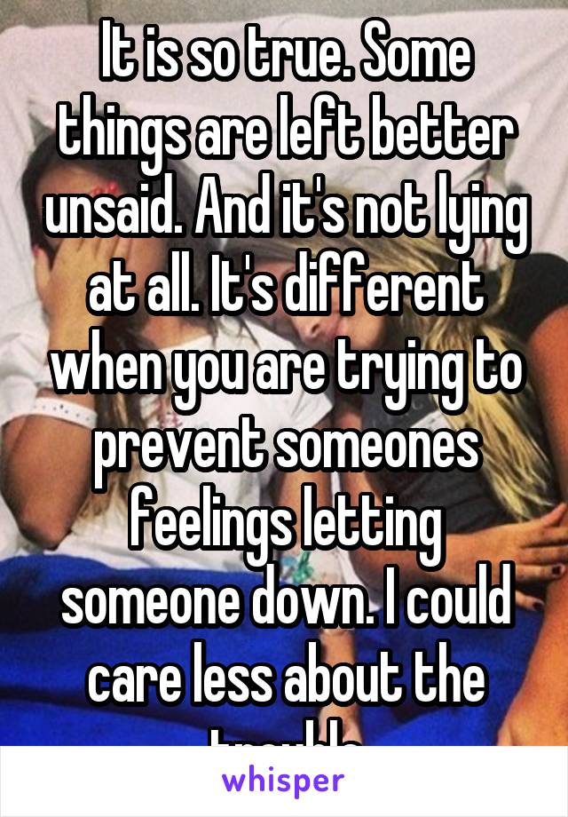 It is so true. Some things are left better unsaid. And it's not lying at all. It's different when you are trying to prevent someones feelings letting someone down. I could care less about the trouble
