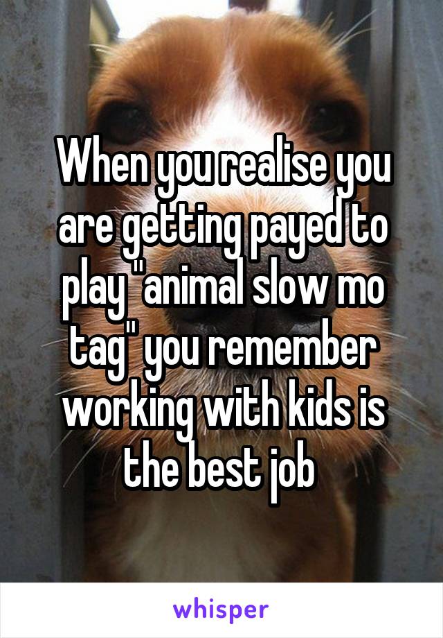 When you realise you are getting payed to play "animal slow mo tag" you remember working with kids is the best job 