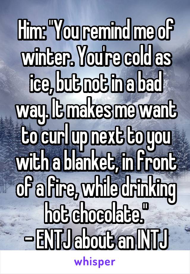 Him: "You remind me of winter. You're cold as ice, but not in a bad way. It makes me want to curl up next to you with a blanket, in front of a fire, while drinking hot chocolate."
- ENTJ about an INTJ