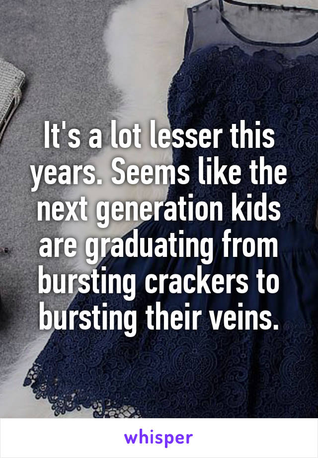 It's a lot lesser this years. Seems like the next generation kids are graduating from bursting crackers to bursting their veins.