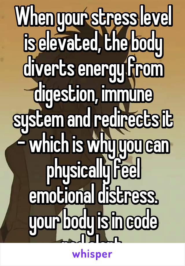When your stress level is elevated, the body diverts energy from digestion, immune system and redirects it - which is why you can physically feel emotional distress.
your body is in code red alert.