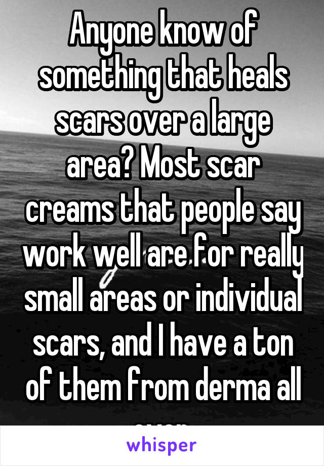 Anyone know of something that heals scars over a large area? Most scar creams that people say work well are for really small areas or individual scars, and I have a ton of them from derma all over.