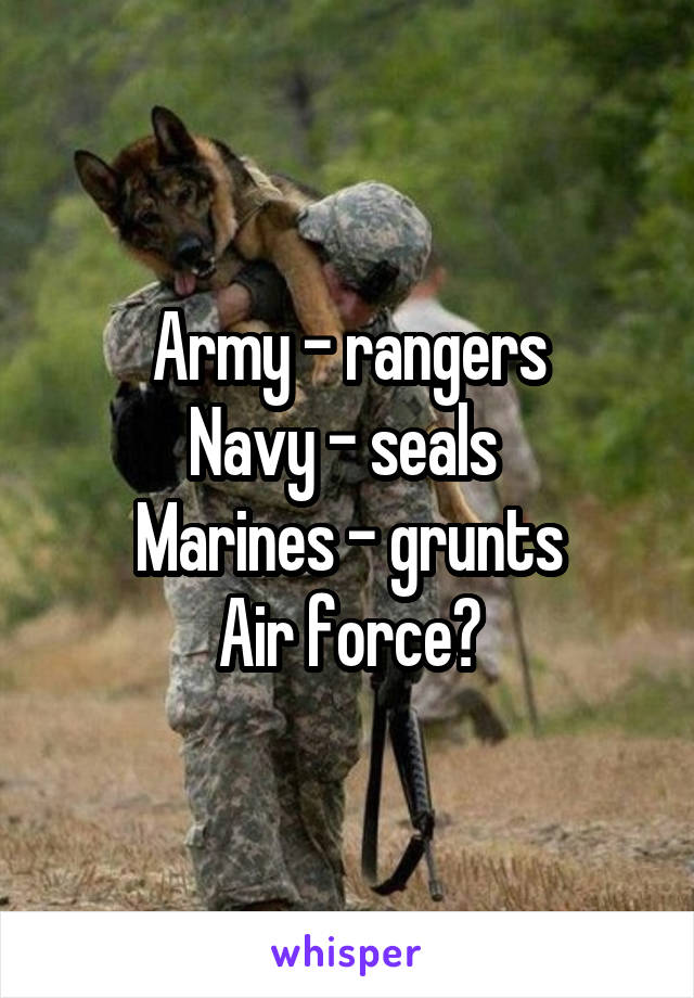 Army - rangers
Navy - seals 
Marines - grunts
Air force?
