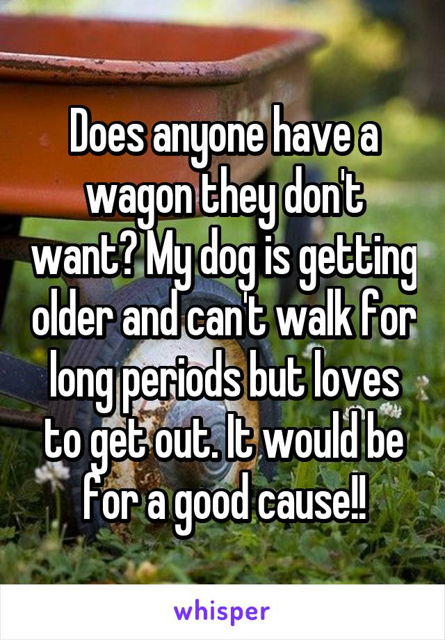 Does anyone have a wagon they don't want? My dog is getting older and can't walk for long periods but loves to get out. It would be for a good cause!!