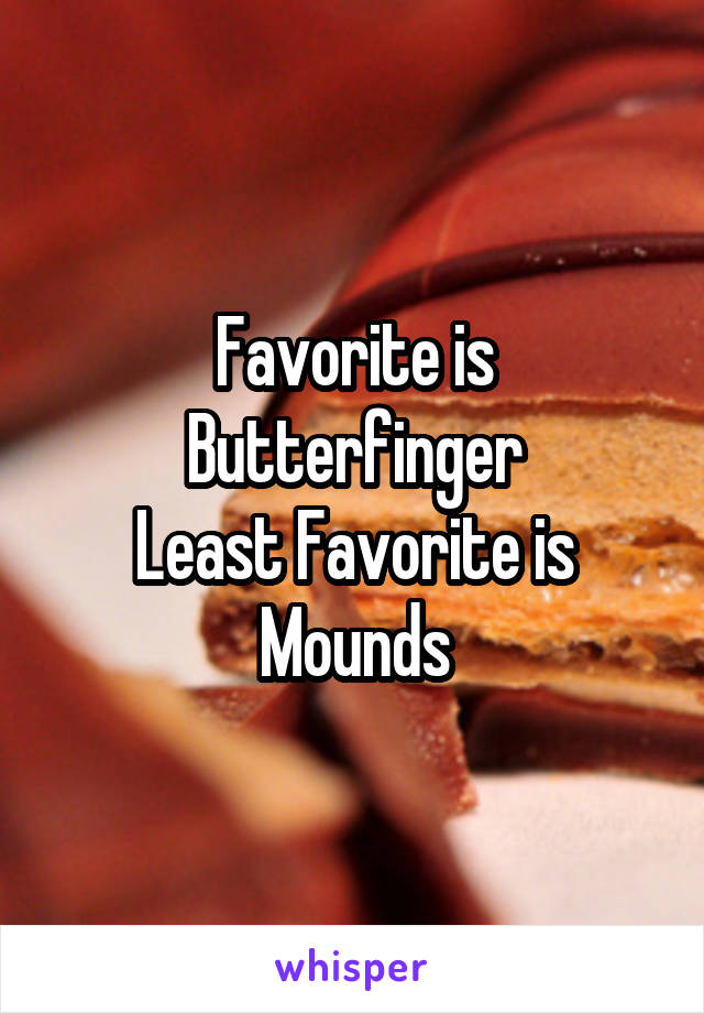 Favorite is Butterfinger
Least Favorite is Mounds