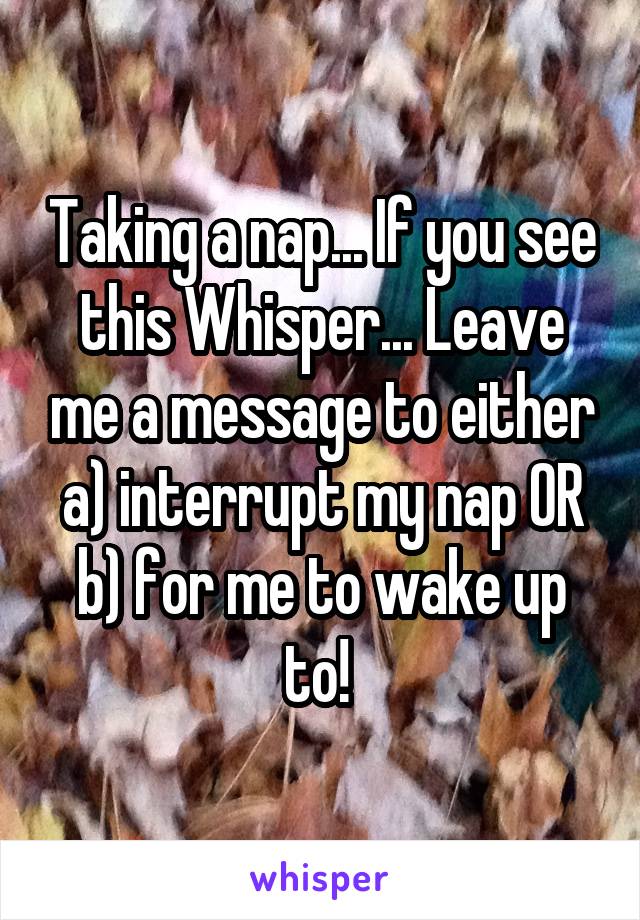 Taking a nap... If you see this Whisper... Leave me a message to either a) interrupt my nap OR b) for me to wake up to! 