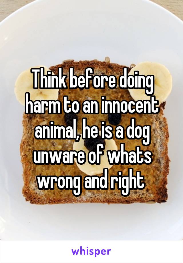 Think before doing harm to an innocent animal, he is a dog unware of whats wrong and right 