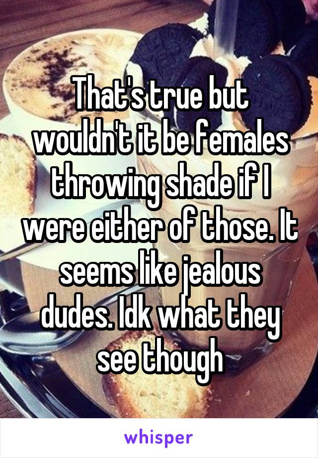 That's true but wouldn't it be females throwing shade if I were either of those. It seems like jealous dudes. Idk what they see though