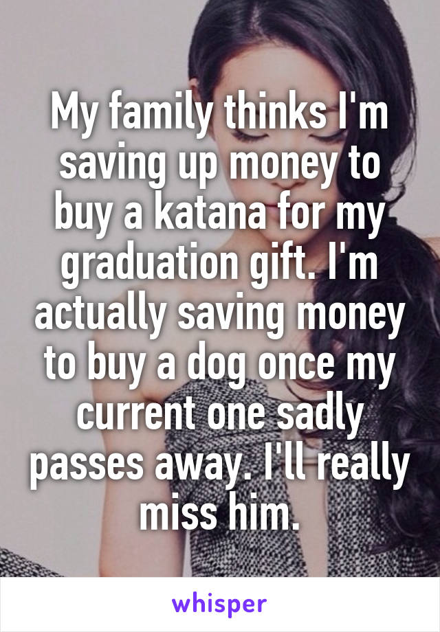 My family thinks I'm saving up money to buy a katana for my graduation gift. I'm actually saving money to buy a dog once my current one sadly passes away. I'll really miss him.