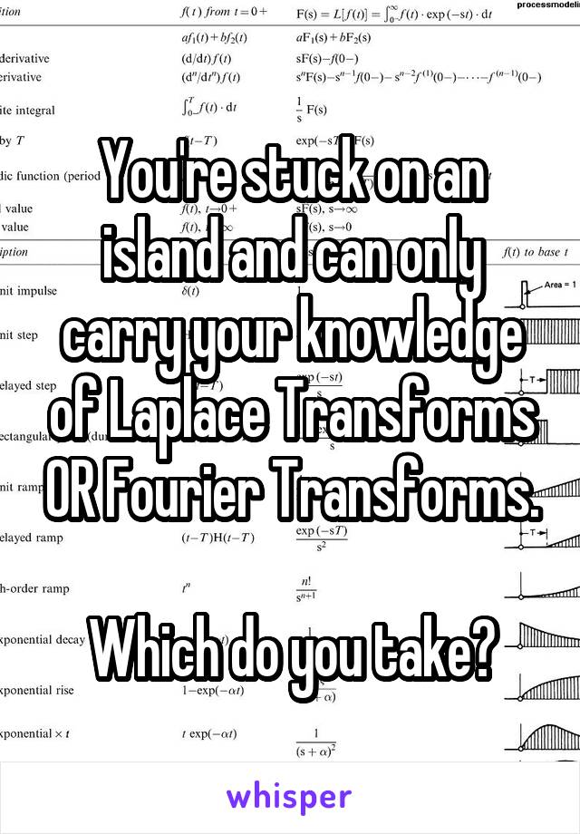 You're stuck on an island and can only carry your knowledge of Laplace Transforms OR Fourier Transforms.

Which do you take?