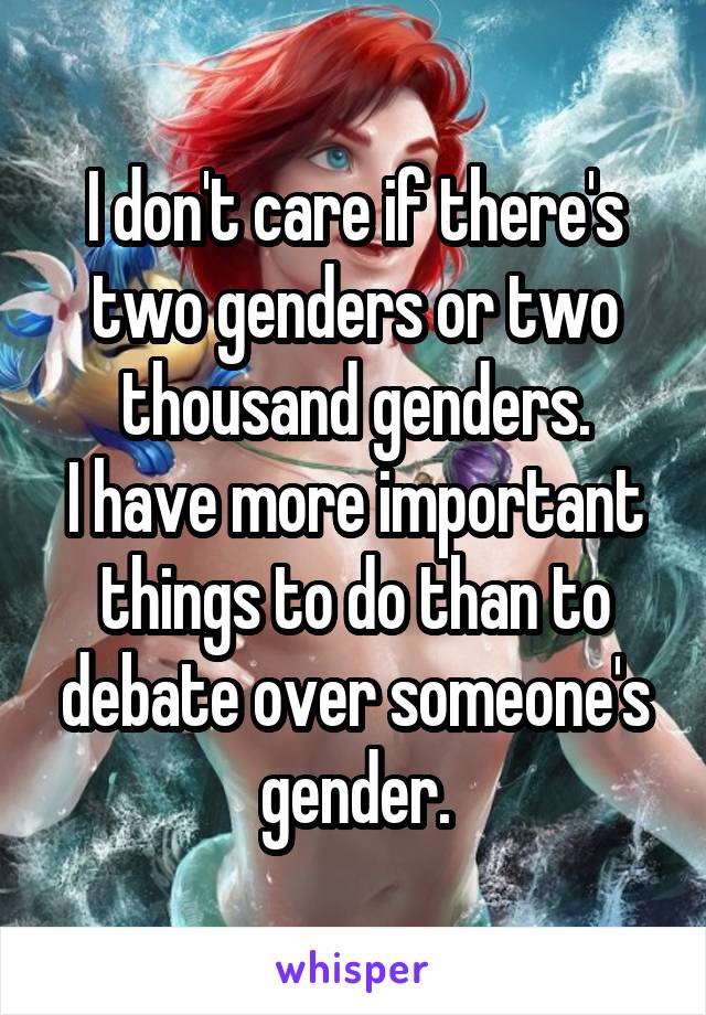 I don't care if there's two genders or two thousand genders.
I have more important things to do than to debate over someone's gender.