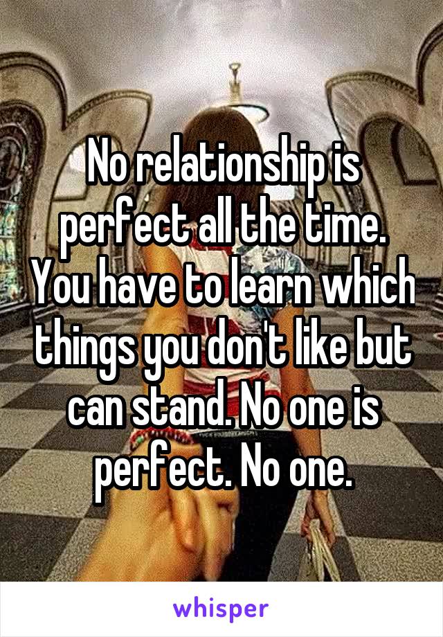 No relationship is perfect all the time. You have to learn which things you don't like but can stand. No one is perfect. No one.