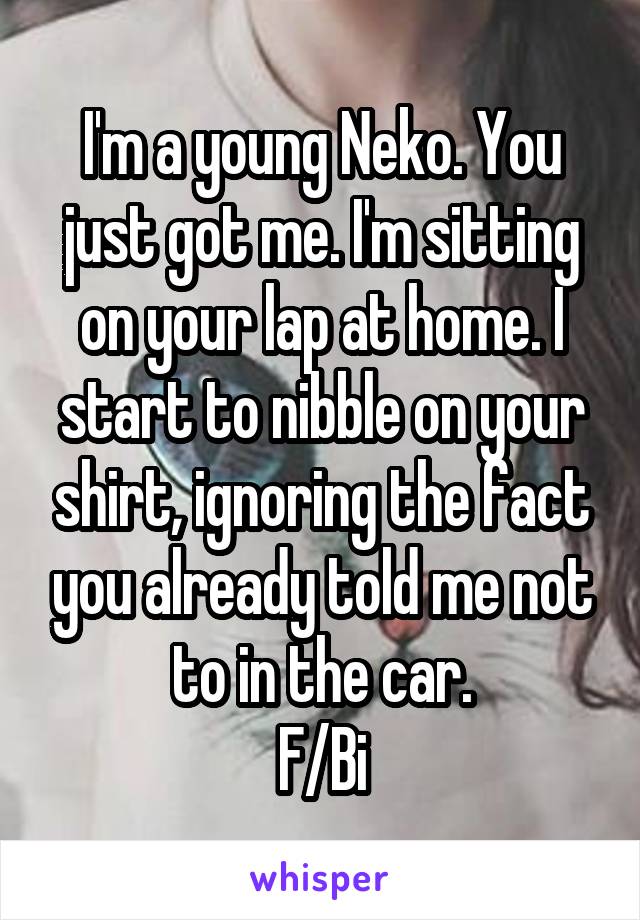I'm a young Neko. You just got me. I'm sitting on your lap at home. I start to nibble on your shirt, ignoring the fact you already told me not to in the car.
F/Bi