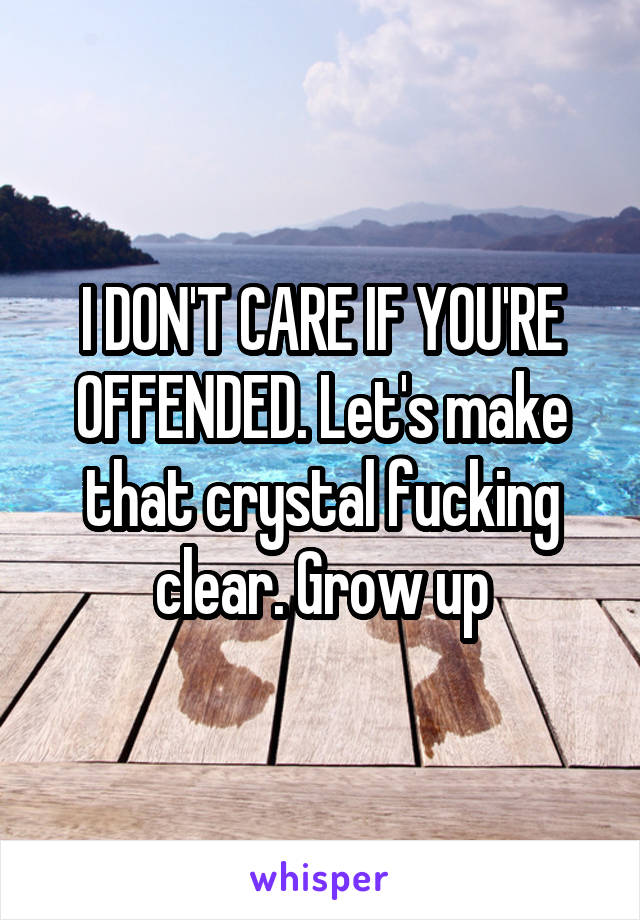 I DON'T CARE IF YOU'RE OFFENDED. Let's make that crystal fucking clear. Grow up