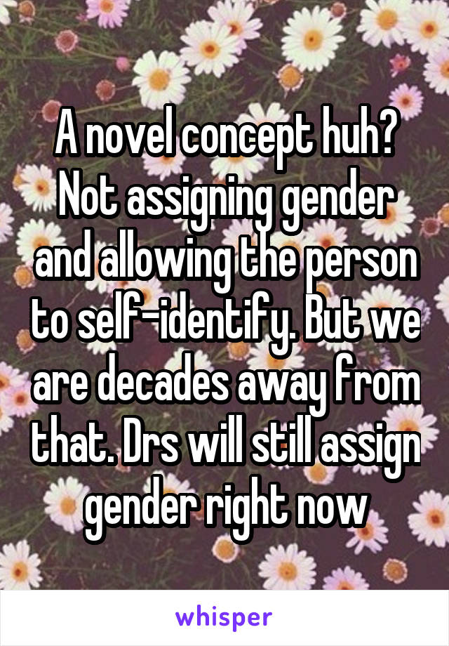 A novel concept huh? Not assigning gender and allowing the person to self-identify. But we are decades away from that. Drs will still assign gender right now