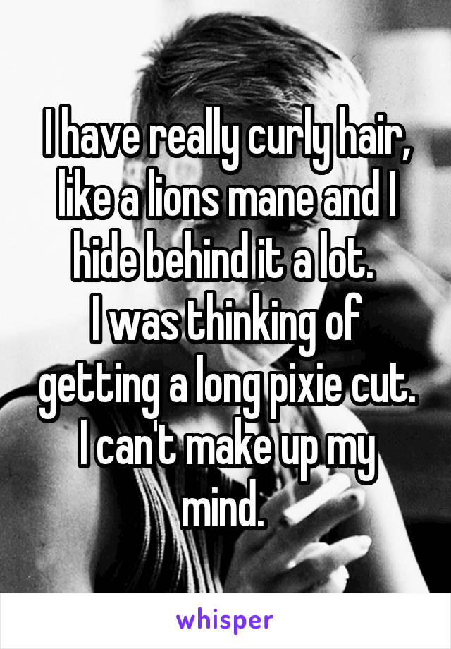 I have really curly hair, like a lions mane and I hide behind it a lot. 
I was thinking of getting a long pixie cut.
I can't make up my mind. 