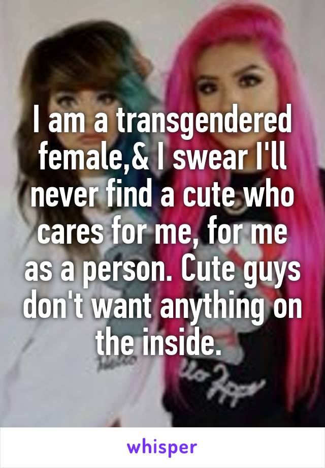 I am a transgendered female,& I swear I'll never find a cute who cares for me, for me as a person. Cute guys don't want anything on the inside. 