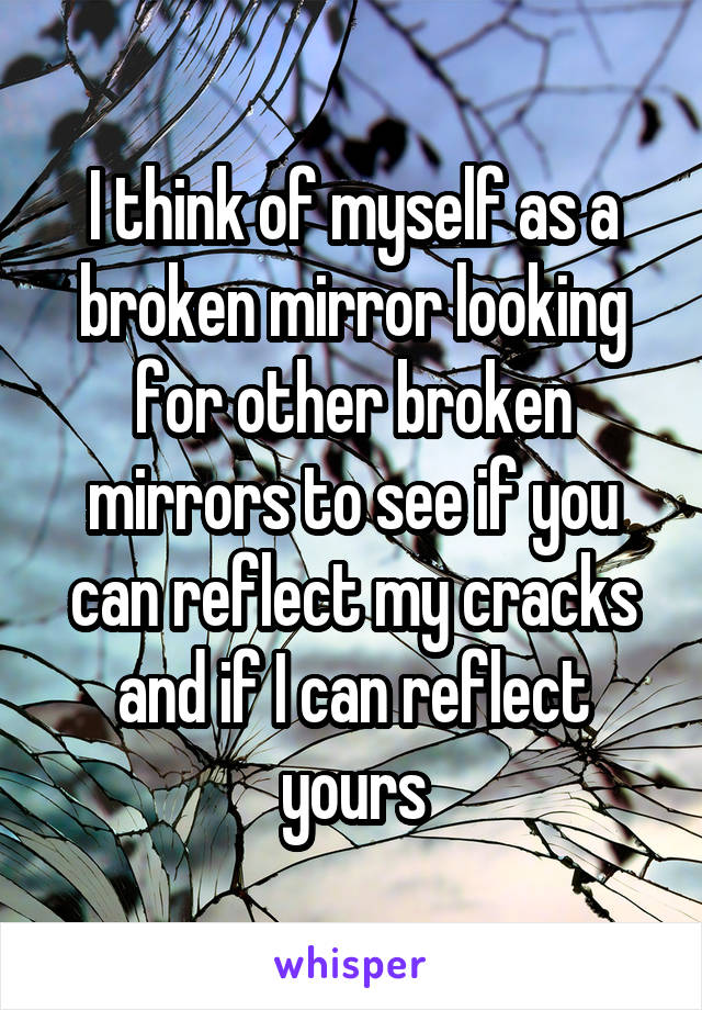 I think of myself as a broken mirror looking for other broken mirrors to see if you can reflect my cracks and if I can reflect yours