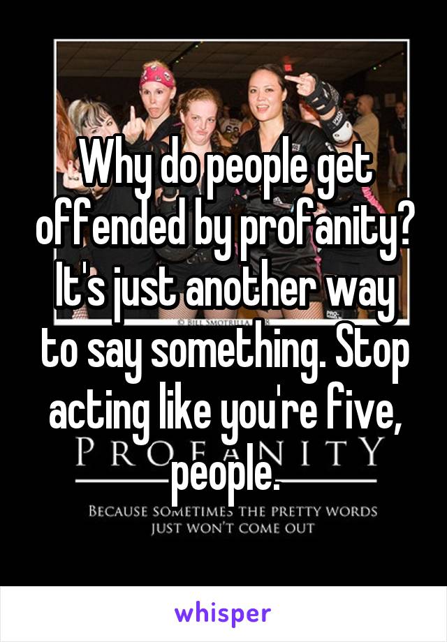 Why do people get offended by profanity?
It's just another way to say something. Stop acting like you're five, people.