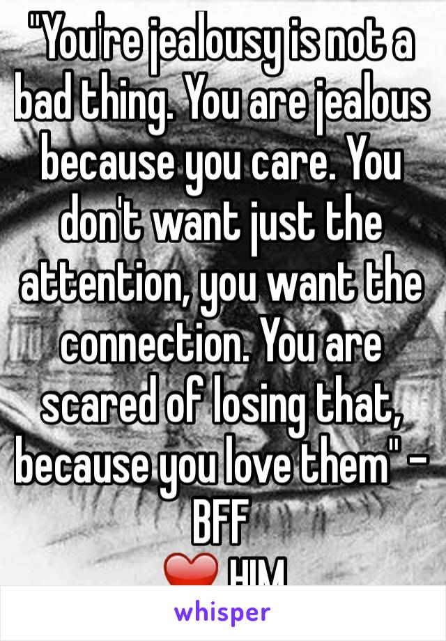 "You're jealousy is not a bad thing. You are jealous because you care. You don't want just the attention, you want the connection. You are scared of losing that, because you love them" - BFF 
❤️ HIM 