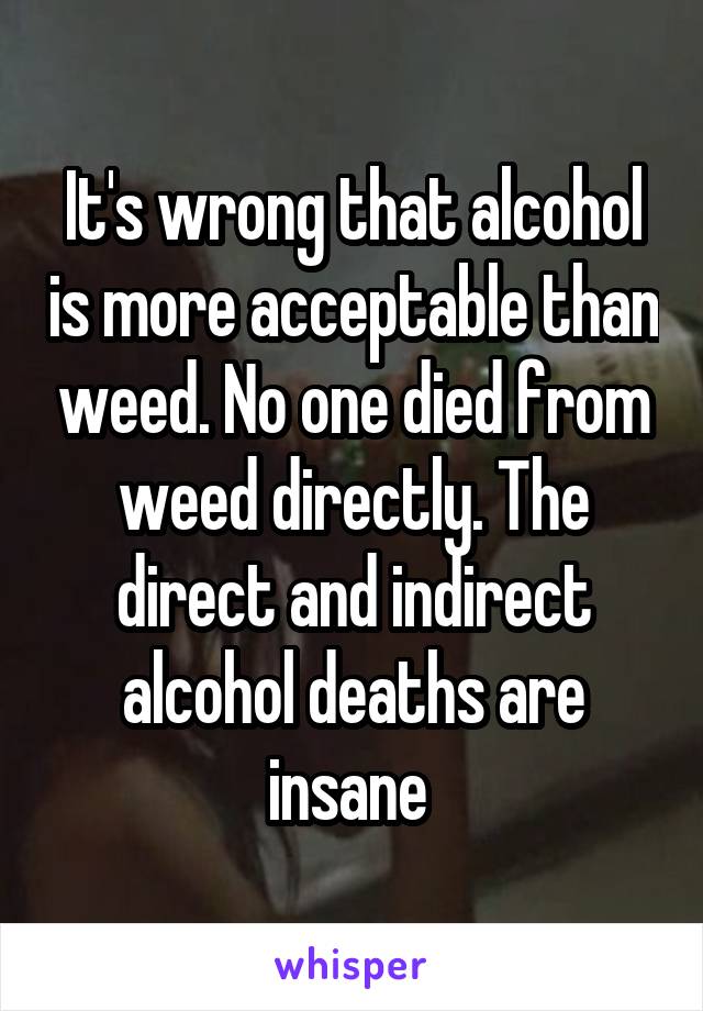 It's wrong that alcohol is more acceptable than weed. No one died from weed directly. The direct and indirect alcohol deaths are insane 