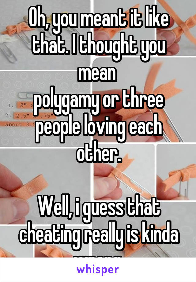 Oh, you meant it like that. I thought you mean 
polygamy or three people loving each other.

Well, i guess that cheating really is kinda wrong.