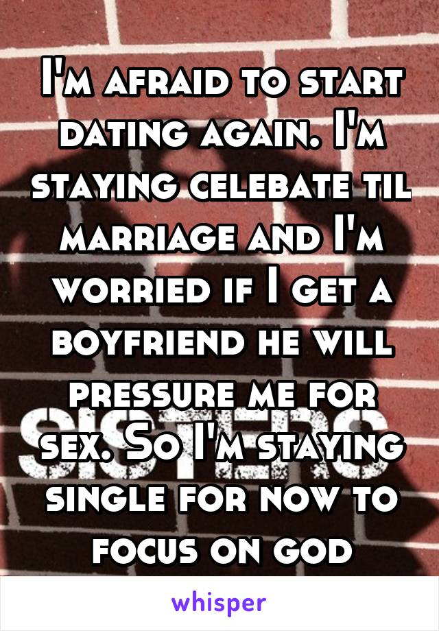 I'm afraid to start dating again. I'm staying celebate til marriage and I'm worried if I get a boyfriend he will pressure me for sex. So I'm staying single for now to focus on god