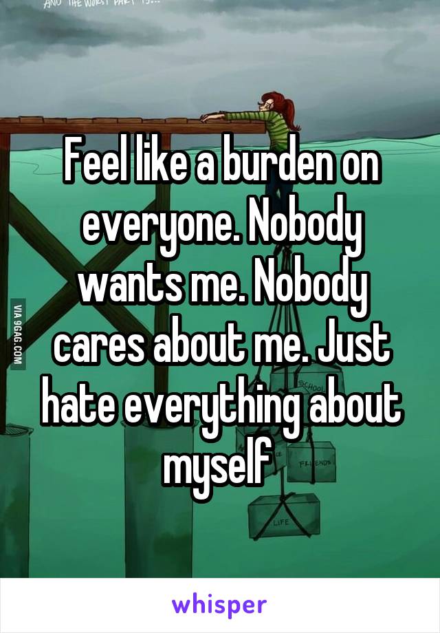 Feel like a burden on everyone. Nobody wants me. Nobody cares about me. Just hate everything about myself 