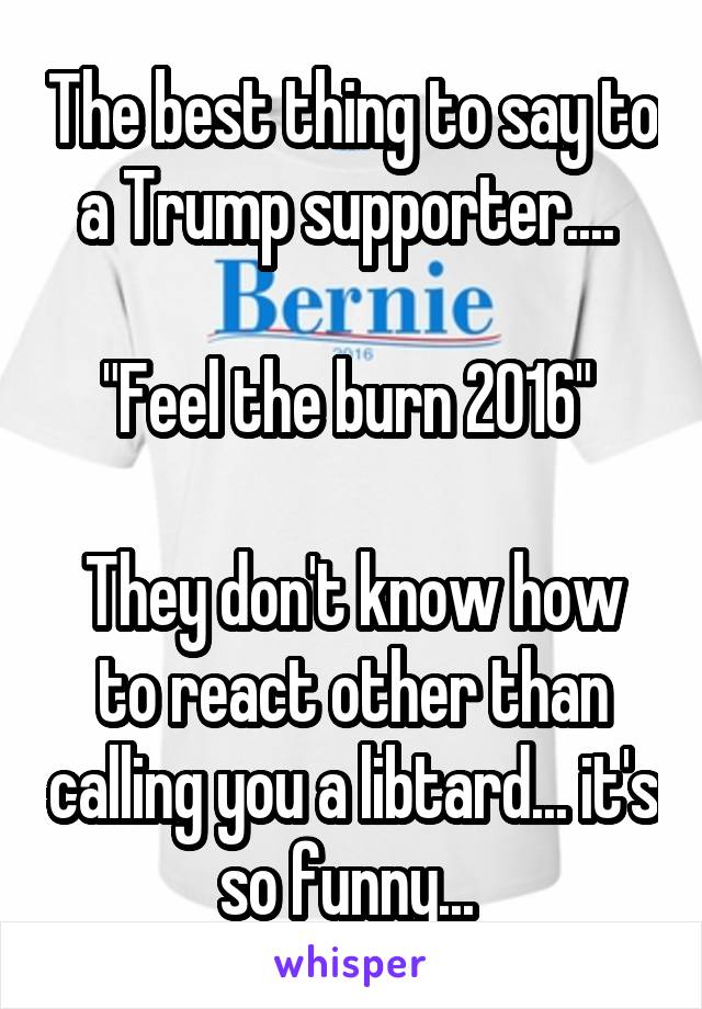 The best thing to say to a Trump supporter.... 

"Feel the burn 2016" 

They don't know how to react other than calling you a libtard... it's so funny... 
