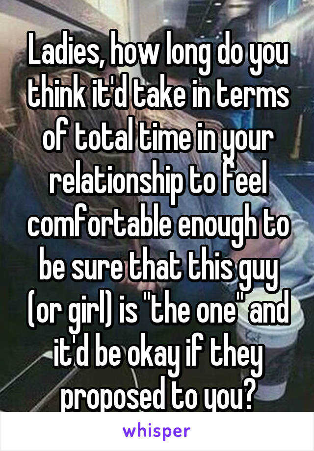 Ladies, how long do you think it'd take in terms of total time in your relationship to feel comfortable enough to be sure that this guy (or girl) is "the one" and it'd be okay if they proposed to you?