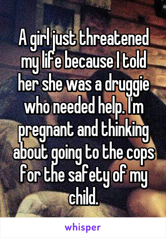 A girl just threatened my life because I told her she was a druggie who needed help. I'm pregnant and thinking about going to the cops for the safety of my child.