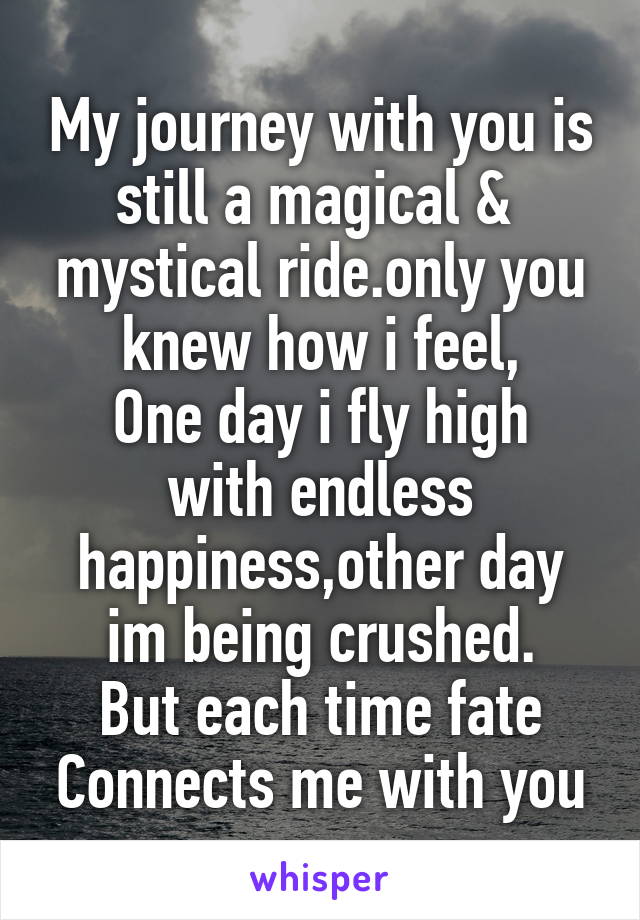 My journey with you is still a magical &  mystical ride.only you knew how i feel,
One day i fly high with endless happiness,other day im being crushed.
But each time fate Connects me with you