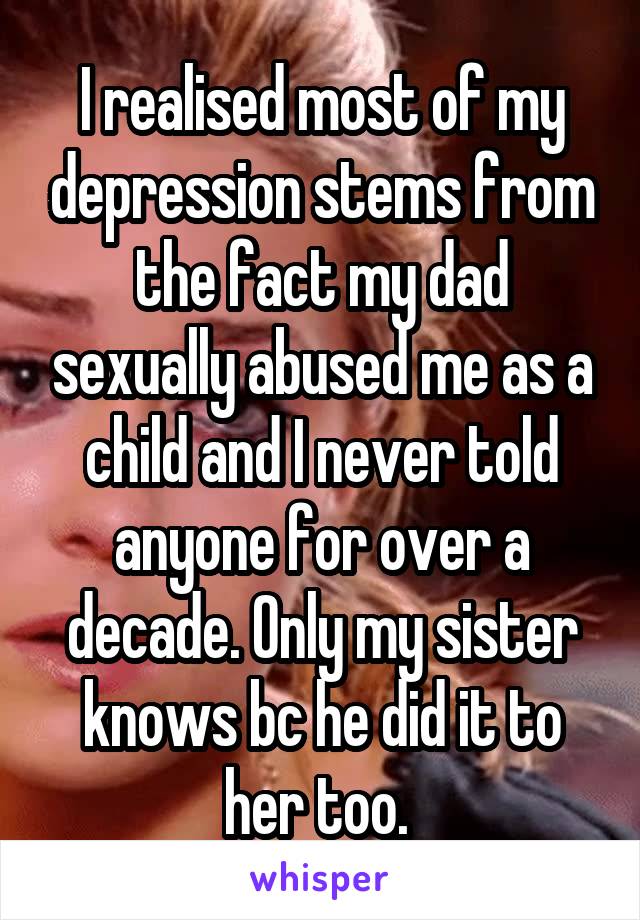 I realised most of my depression stems from the fact my dad sexually abused me as a child and I never told anyone for over a decade. Only my sister knows bc he did it to her too. 