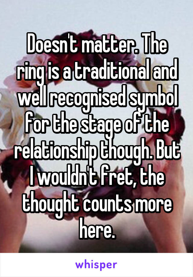 Doesn't matter. The ring is a traditional and well recognised symbol for the stage of the relationship though. But I wouldn't fret, the thought counts more here.