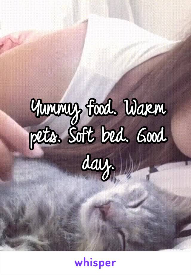 Yummy food. Warm pets. Soft bed. Good day.