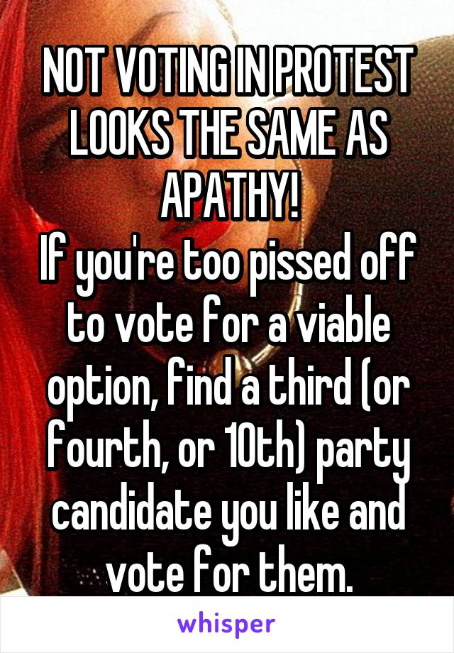 NOT VOTING IN PROTEST LOOKS THE SAME AS APATHY!
If you're too pissed off to vote for a viable option, find a third (or fourth, or 10th) party candidate you like and vote for them.