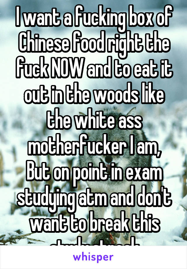 I want a fucking box of Chinese food right the fuck NOW and to eat it out in the woods like the white ass motherfucker I am,
But on point in exam studying atm and don't want to break this study streak