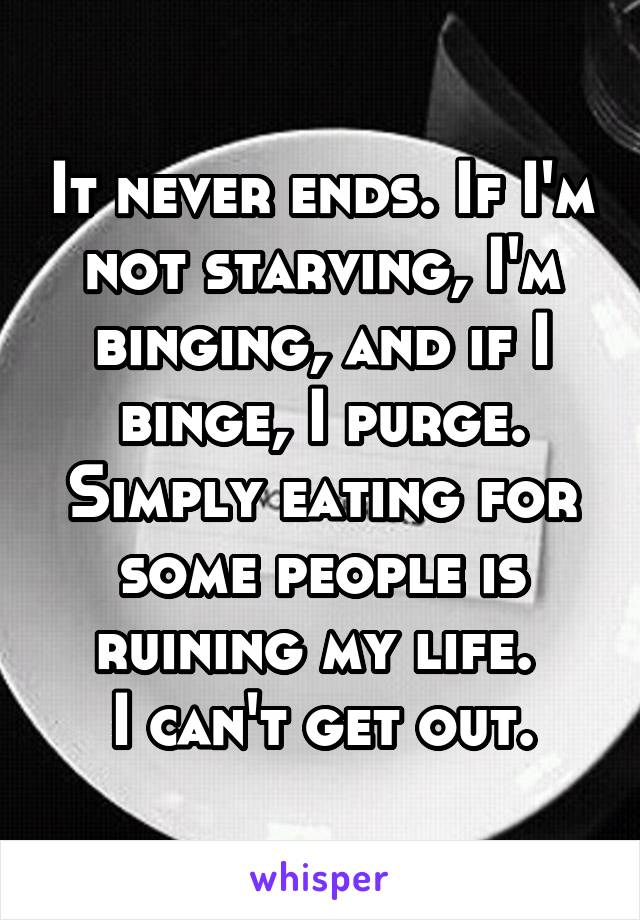 It never ends. If I'm not starving, I'm binging, and if I binge, I purge. Simply eating for some people is ruining my life. 
I can't get out.