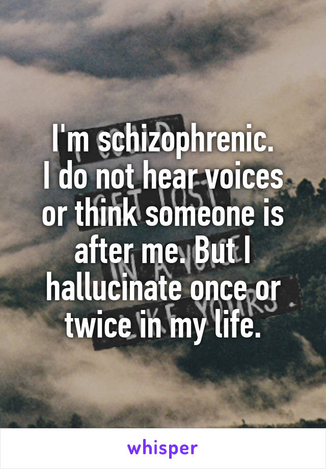 I'm schizophrenic.
I do not hear voices or think someone is after me. But I hallucinate once or twice in my life.