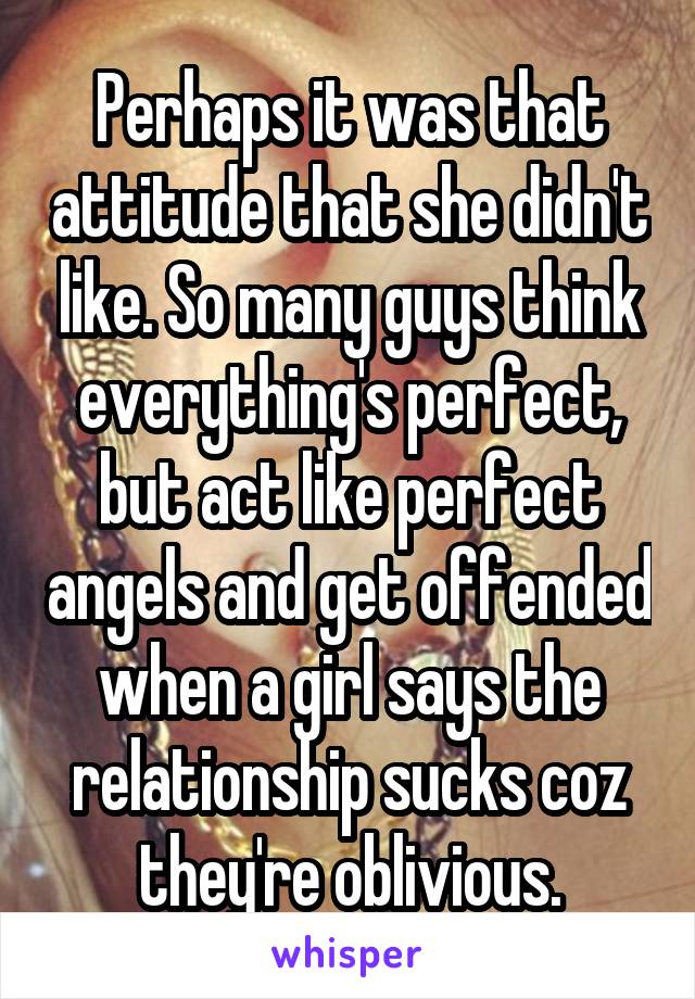 Perhaps it was that attitude that she didn't like. So many guys think everything's perfect, but act like perfect angels and get offended when a girl says the relationship sucks coz they're oblivious.