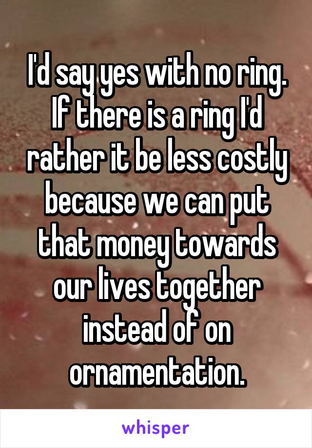 I'd say yes with no ring. If there is a ring I'd rather it be less costly because we can put that money towards our lives together instead of on ornamentation.