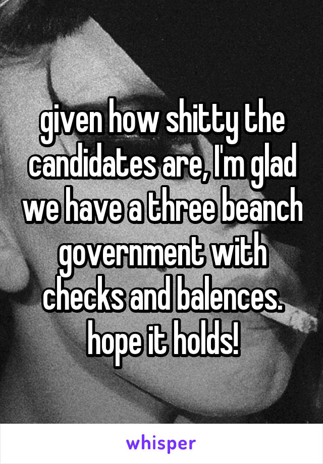 given how shitty the candidates are, I'm glad we have a three beanch government with checks and balences. hope it holds!