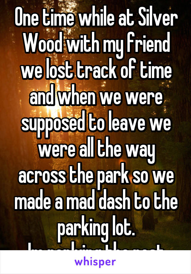 One time while at Silver Wood with my friend we lost track of time and when we were supposed to leave we were all the way across the park so we made a mad dash to the parking lot.
Im replying the rest