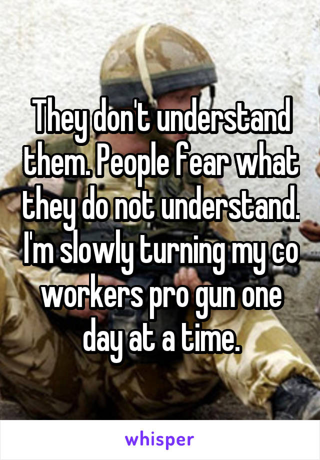 They don't understand them. People fear what they do not understand. I'm slowly turning my co workers pro gun one day at a time.
