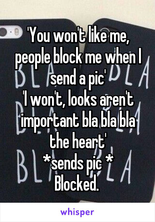 'You won't like me, people block me when I send a pic'
'I won't, looks aren't important bla bla bla the heart'
*sends pic *
Blocked. 