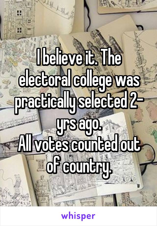 I believe it. The electoral college was practically selected 2- yrs ago.
All votes counted out of country.