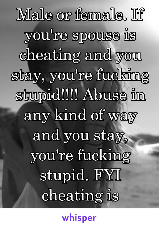Male or female. If you're spouse is cheating and you stay, you're fucking stupid!!!! Abuse in any kind of way and you stay, you're fucking stupid. FYI cheating is abuse!!!!