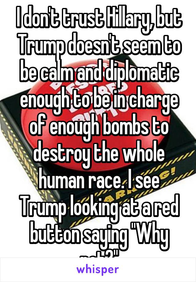 I don't trust Hillary, but Trump doesn't seem to be calm and diplomatic enough to be in charge of enough bombs to destroy the whole human race. I see Trump looking at a red button saying "Why not?"
