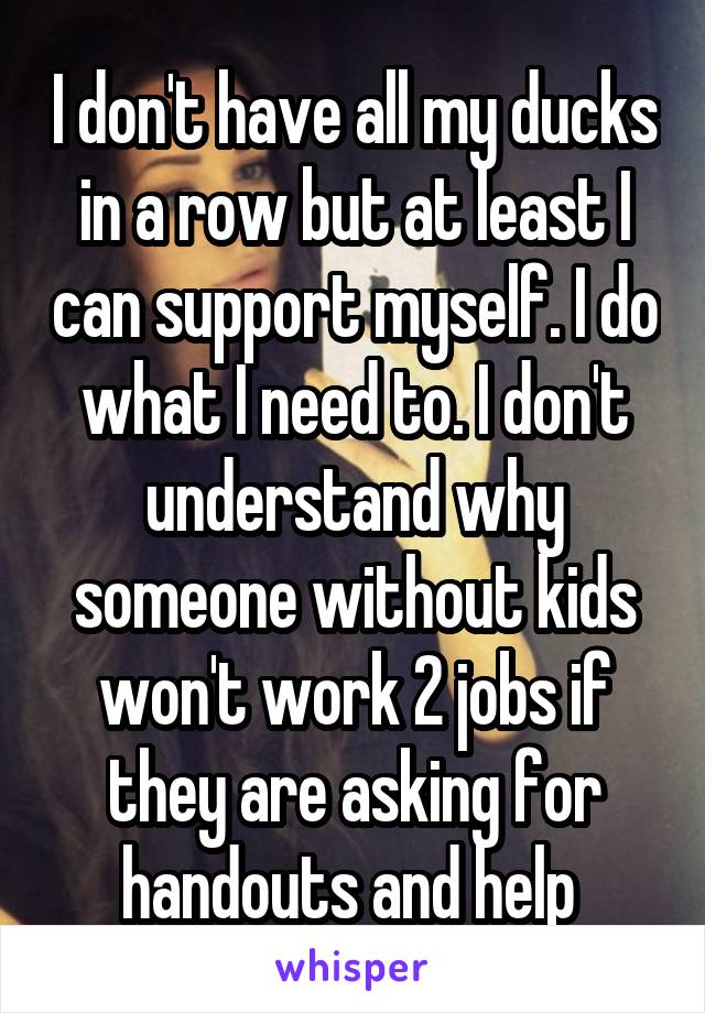 I don't have all my ducks in a row but at least I can support myself. I do what I need to. I don't understand why someone without kids won't work 2 jobs if they are asking for handouts and help 